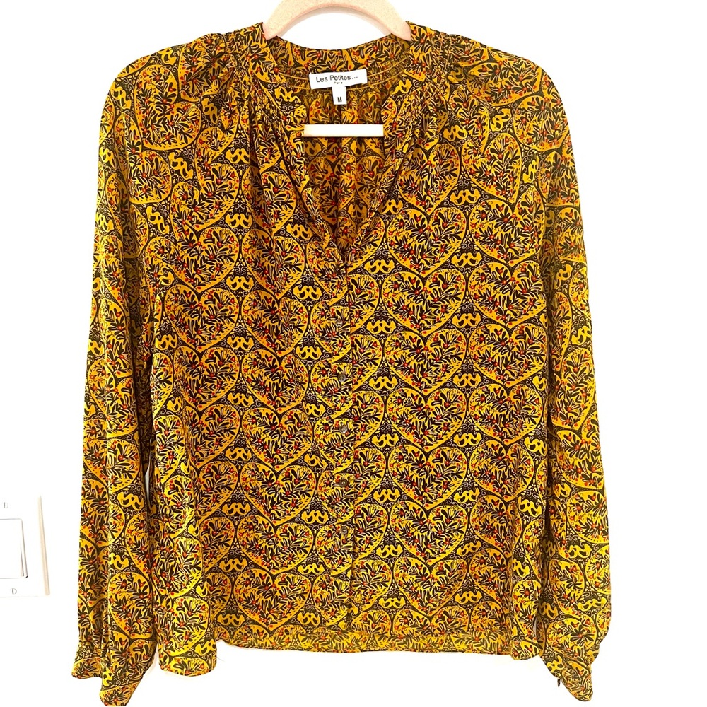 Les Petites Paris Vintage Women’s Sz M Mustard Yellow Patterned Floral Blouse